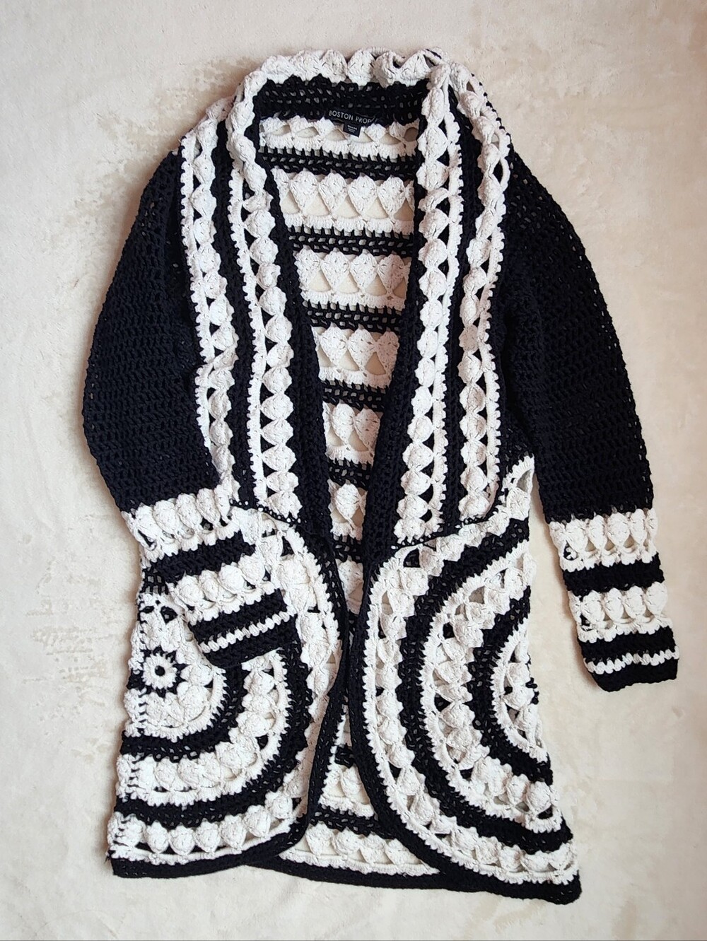 Boston Proper Black and White Crochet Open-Front Cardigan Women's Medium